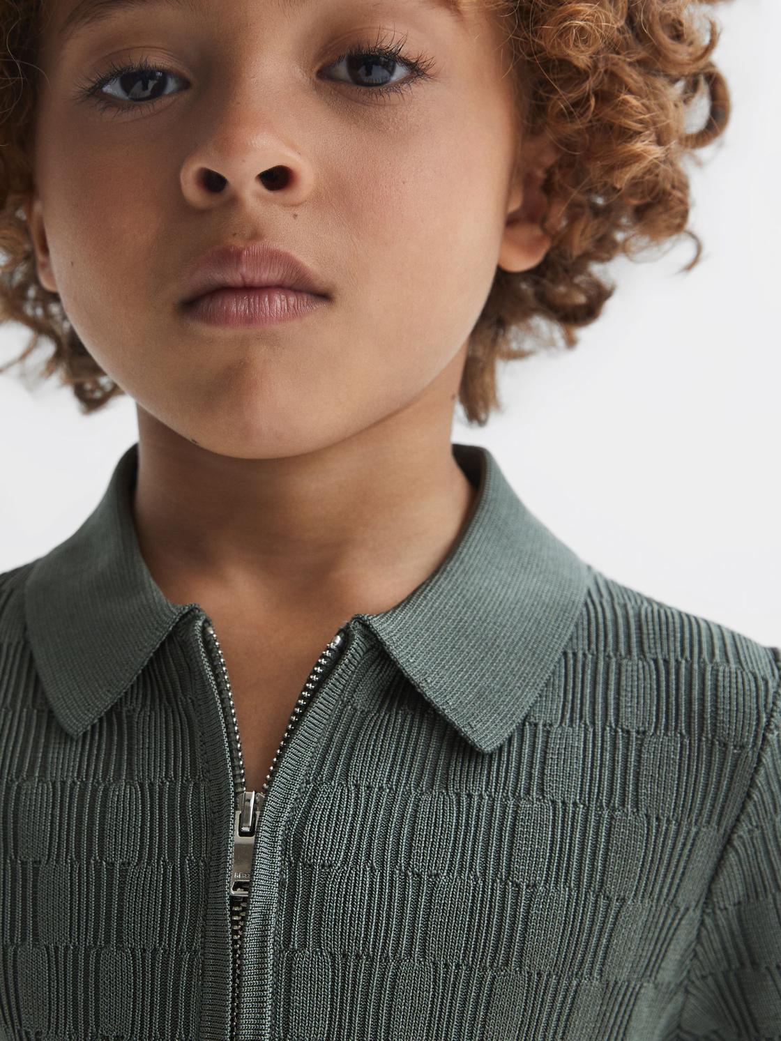 Reiss Polo Shirts | Ubud Half-Zip Textured Polo T-Shirt Green - Children