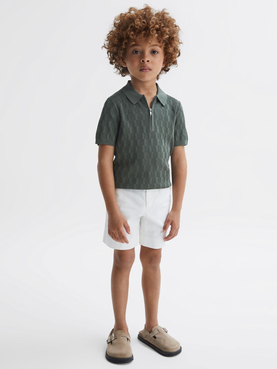 Reiss Polo Shirts | Ubud Half-Zip Textured Polo T-Shirt Green - Children