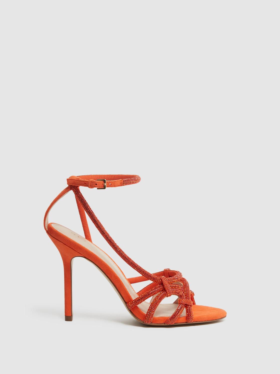 Reiss Sandals | Eryn Embellished Heeled Sandals Bright Orange - Women
