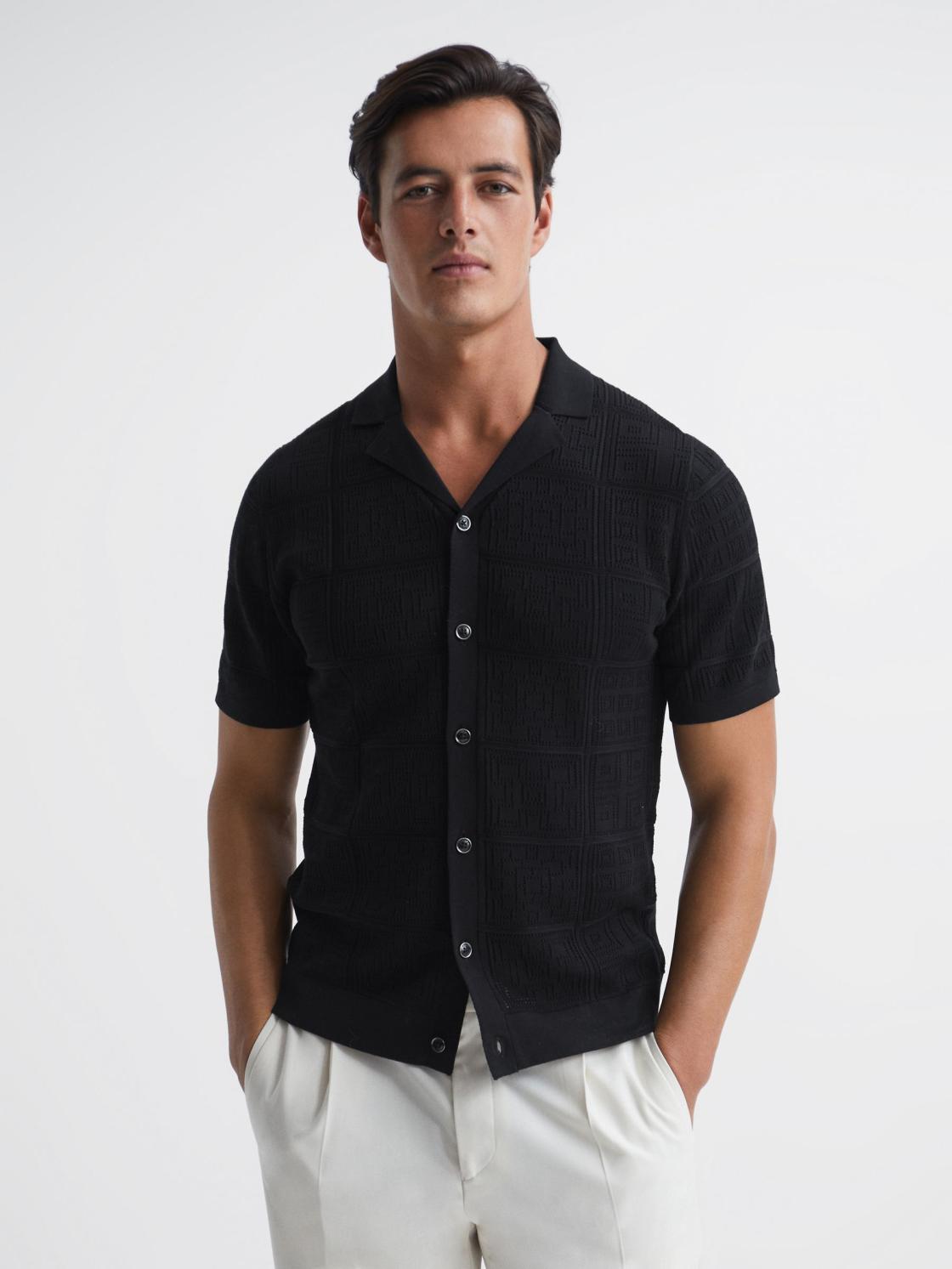 Reiss Shirts | Amersham Textured Button Through Shirt Black - Men
