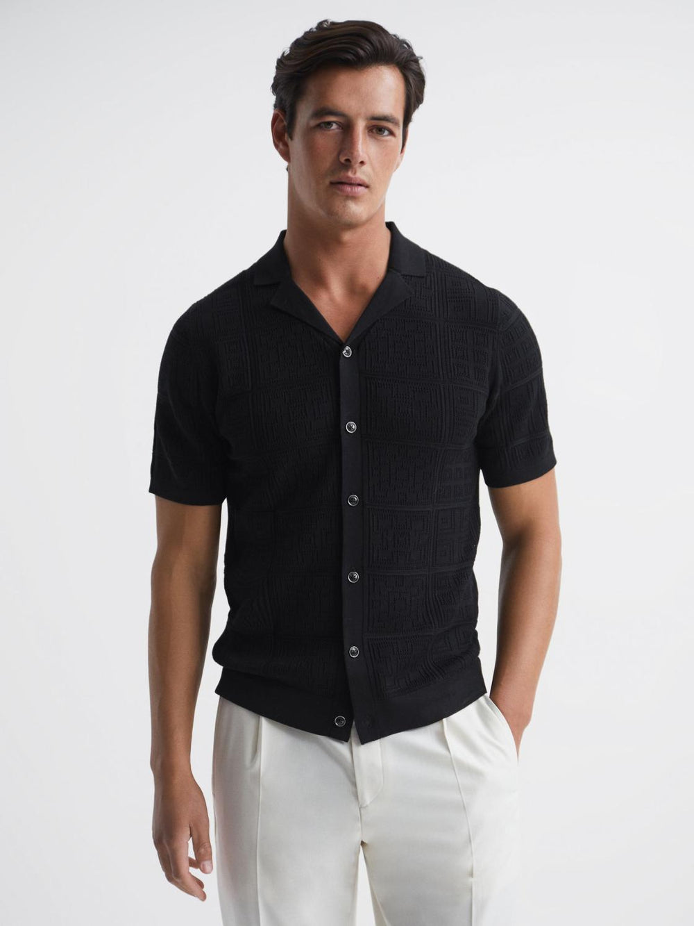 Reiss Shirts | Amersham Textured Button Through Shirt Black - Men