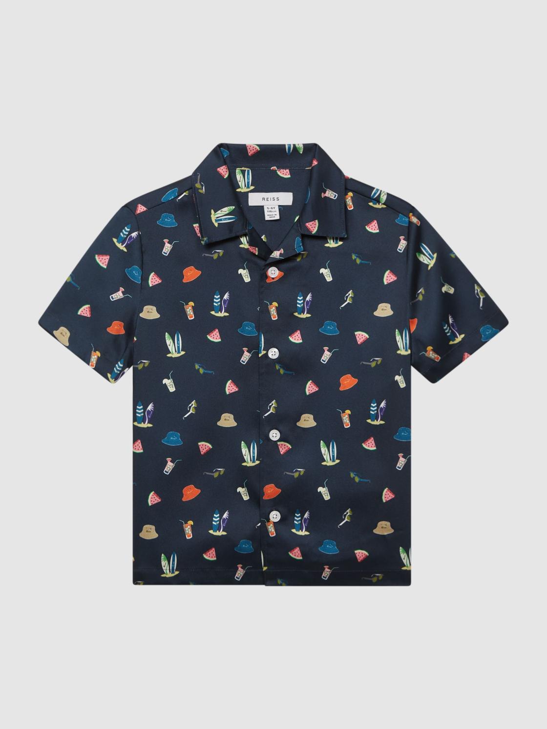 Reiss Shirts | Archer Beach Print Cuban Collar Shirt Navy - Children