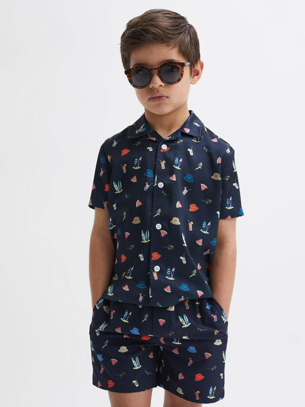 Reiss Shirts | Archer Beach Print Cuban Collar Shirt Navy - Children