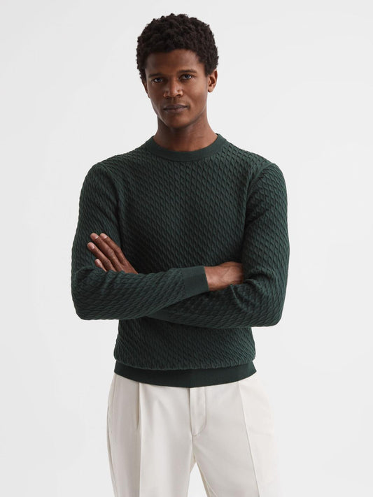 Reiss Shirts | Arran Crew Neck Cable Knit Jumper Dark Forest Green - Men