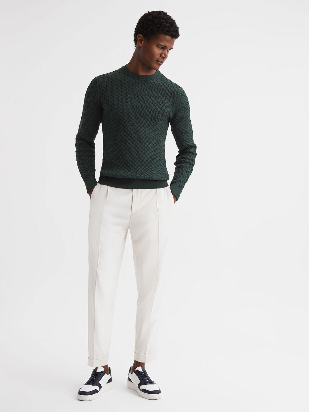 Reiss Shirts | Arran Crew Neck Cable Knit Jumper Dark Forest Green - Men
