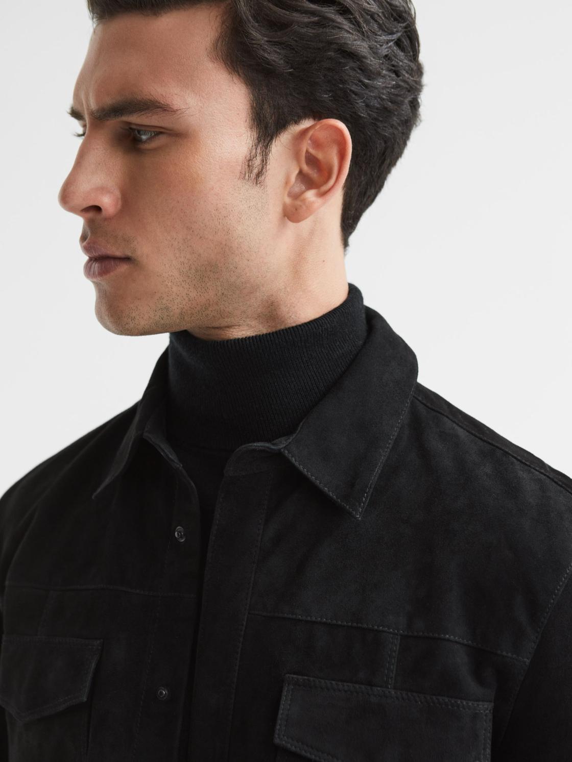 Reiss Shirts | Baltimore PAIGE Twin Pocket Suede Overshirt Black - Men