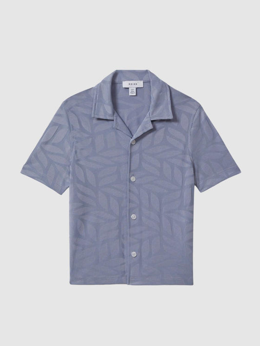 Reiss Shirts | Basswood Printed Cuban Collar Button Through T-Shirt Blue - Children