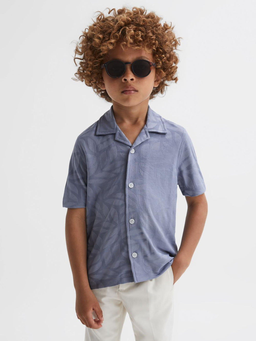 Reiss Shirts | Basswood Printed Cuban Collar Button Through T-Shirt Blue - Children