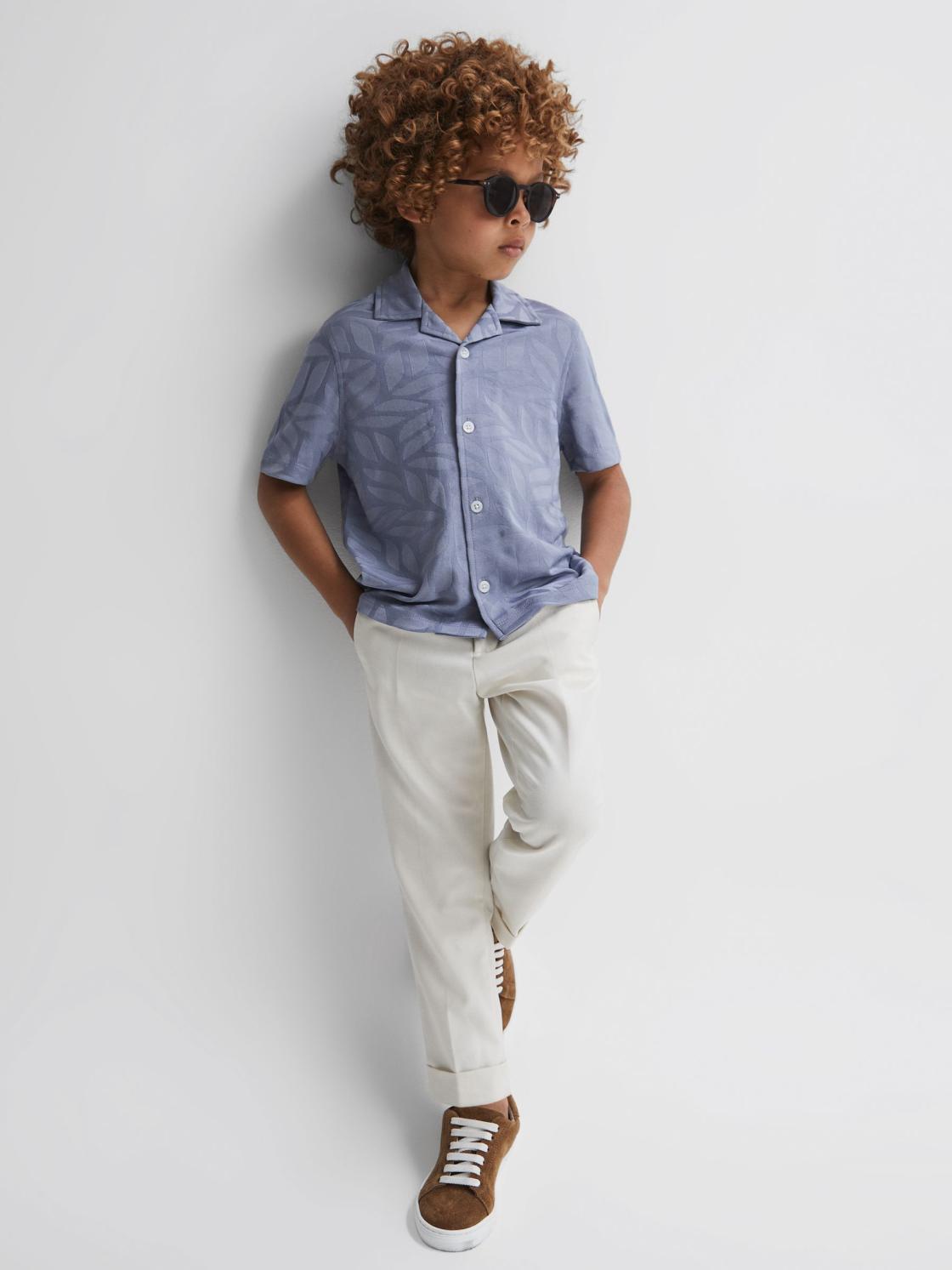 Reiss Shirts | Basswood Printed Cuban Collar Button Through T-Shirt Blue - Children