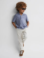 Reiss Shirts | Basswood Printed Cuban Collar Button Through T-Shirt Blue - Children