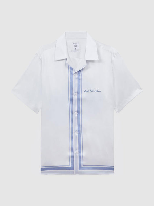 Reiss Shirts | Chateau Reiss | Ché Motif Cuban Collar Button-Through Shirt White/blue - Men
