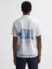 Reiss Shirts | Chateau Reiss | Ché Motif Cuban Collar Button-Through Shirt White/blue - Men