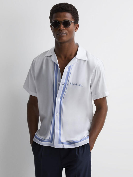 Reiss Shirts | Chateau Reiss | Ché Motif Cuban Collar Button-Through Shirt White/blue - Men