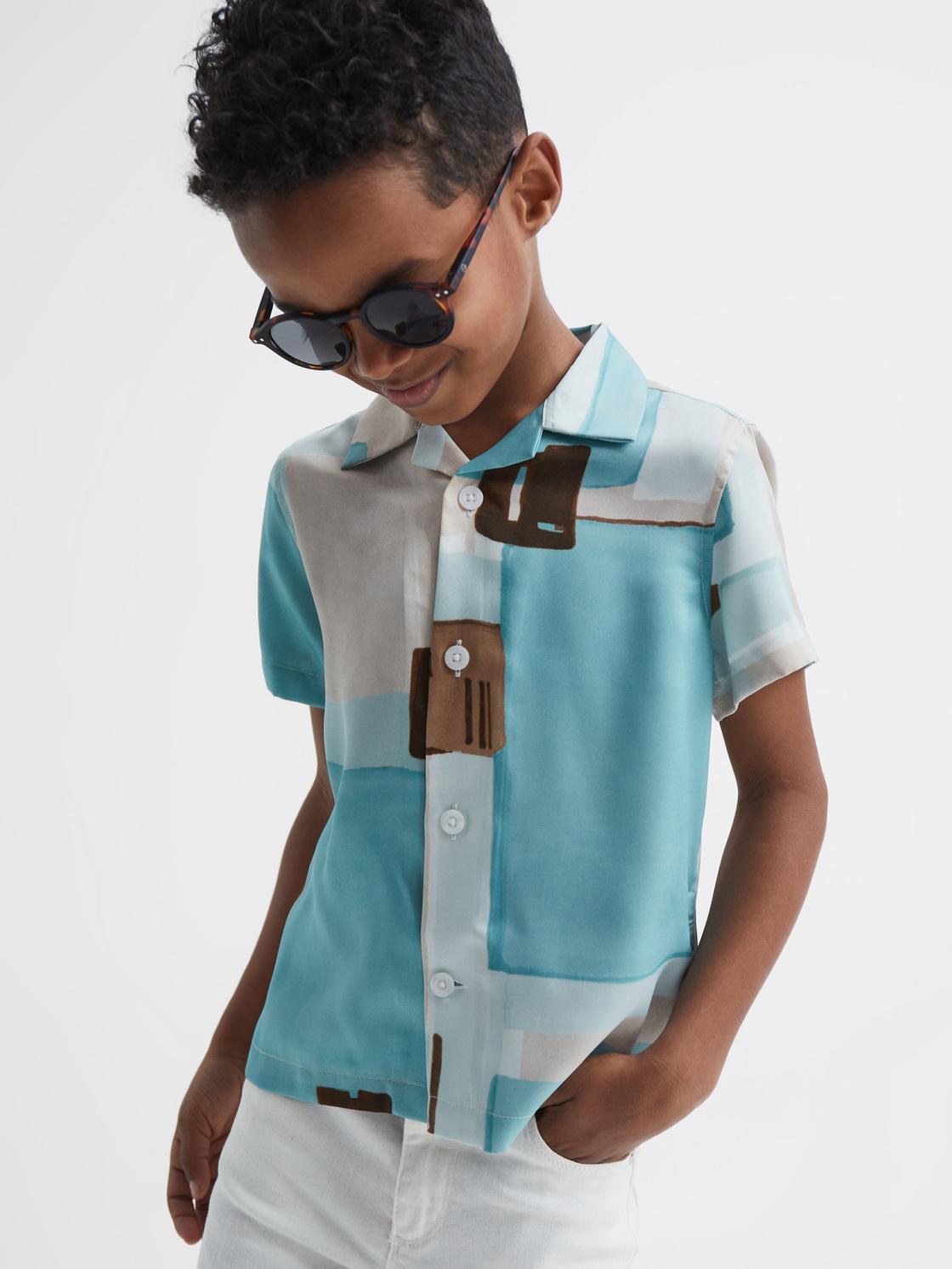 Reiss Shirts | Deekay Slim Fit Cuban Collar Abstract Print Shirt Teal - Children