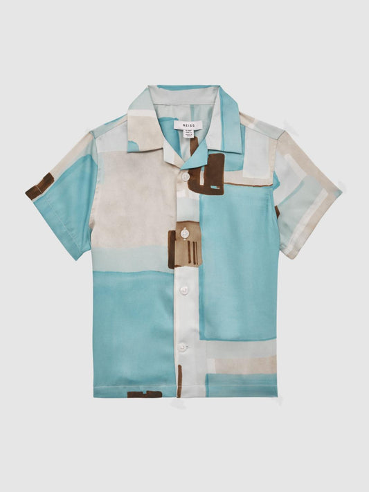 Reiss Shirts | Deekay Slim Fit Cuban Collar Abstract Print Shirt Teal - Children