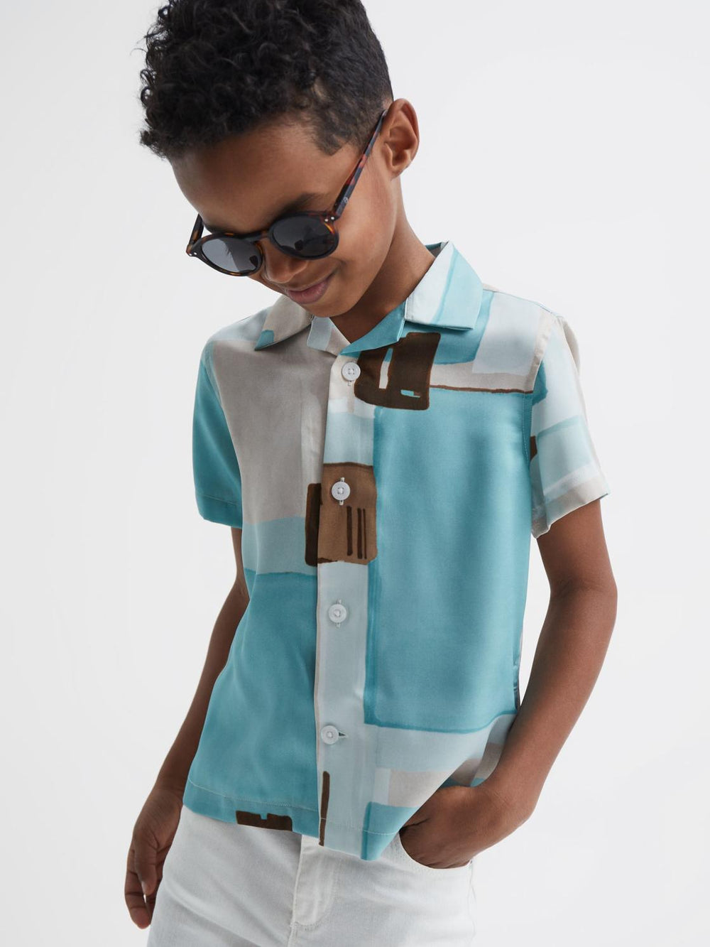 Reiss Shirts | Deekay Slim Fit Cuban Collar Abstract Print Shirt Teal - Children