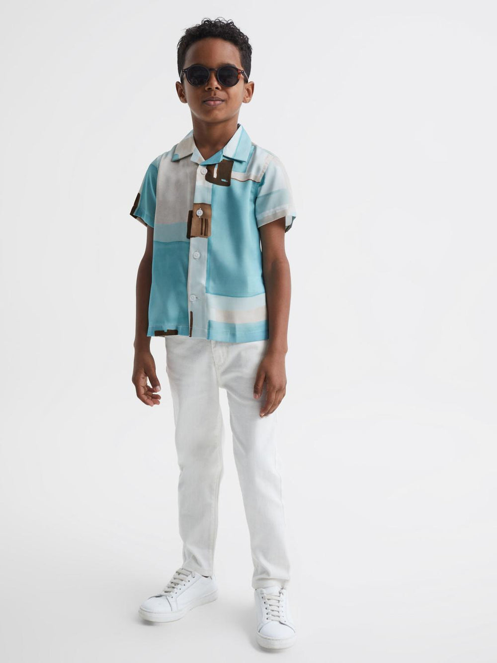 Reiss Shirts | Deekay Slim Fit Cuban Collar Abstract Print Shirt Teal - Children