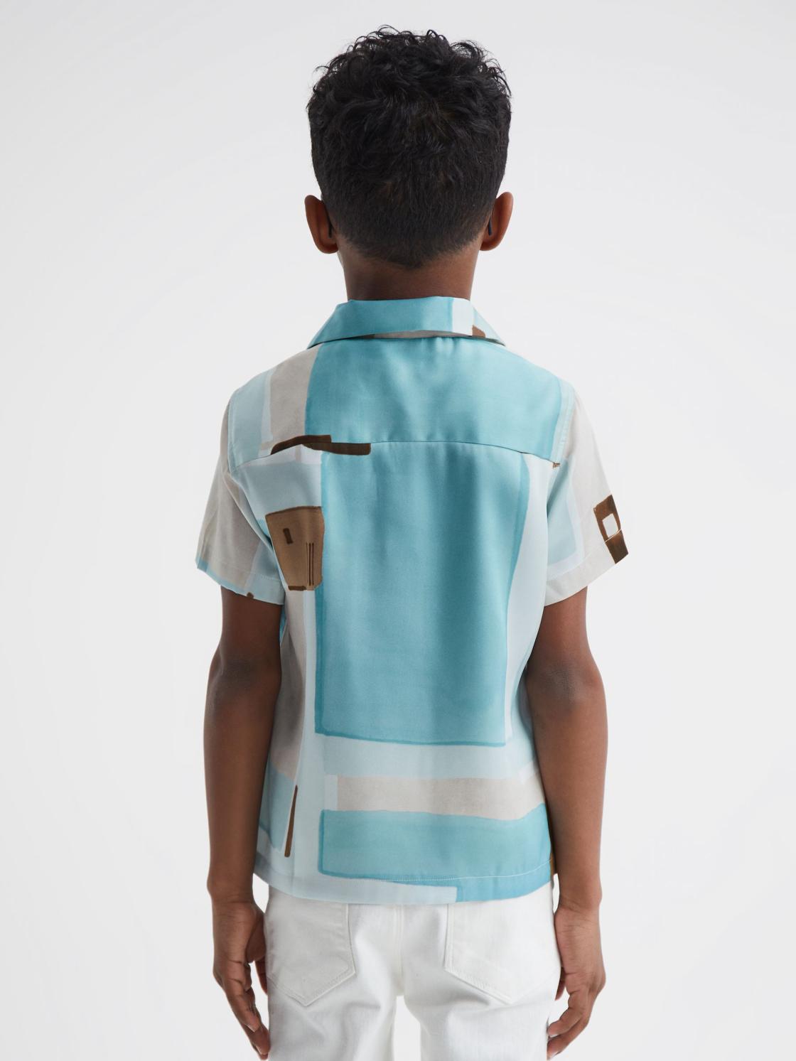 Reiss Shirts | Deekay Slim Fit Cuban Collar Abstract Print Shirt Teal - Children