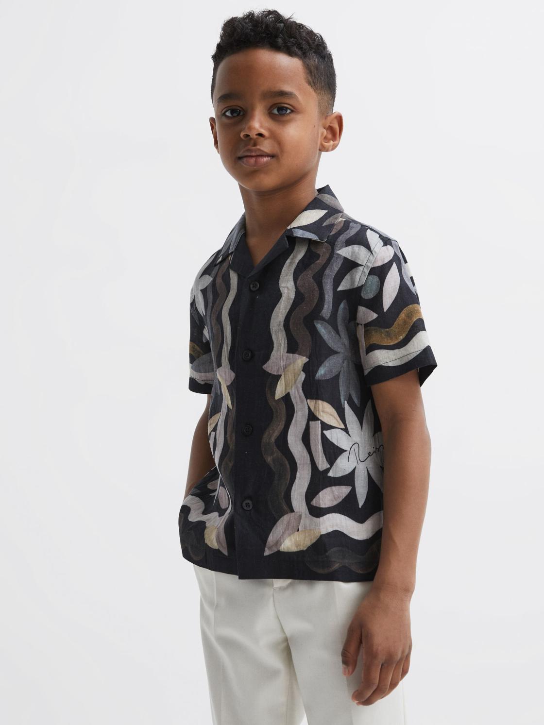 Reiss Shirts | Delphi Linen Floral Cuban Collar Shirt Black - Children