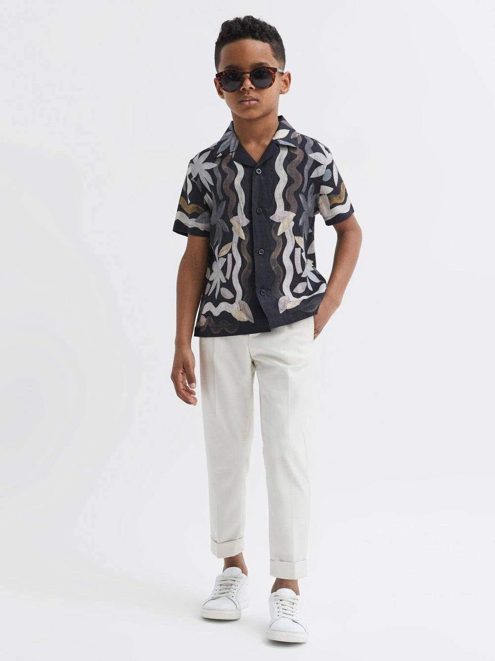 Reiss Shirts | Delphi Linen Floral Cuban Collar Shirt Black - Children