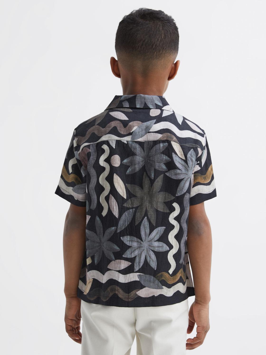 Reiss Shirts | Delphi Linen Floral Cuban Collar Shirt Black - Children