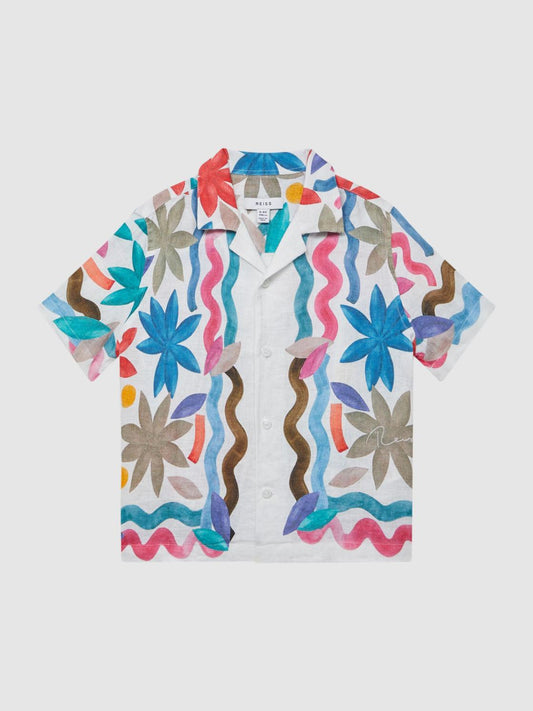 Reiss Shirts | Delphi Linen Floral Cuban Collar Shirt Multi - Children