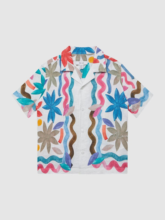 Reiss Shirts | Delphi Linen Floral Cuban Collar Shirt Multi - Children