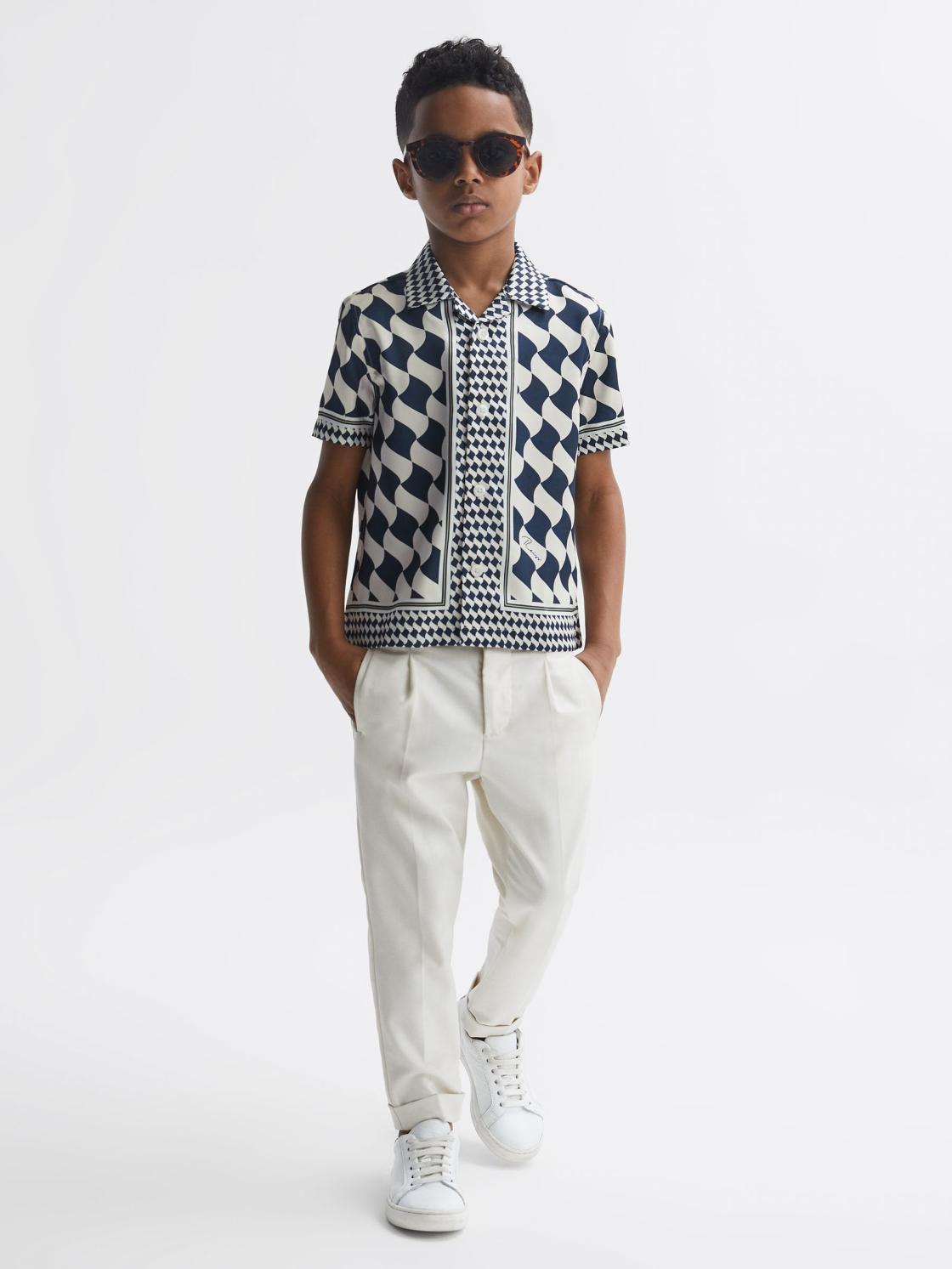 Reiss Shirts | Devaroe Cuban Collar Short Sleeve Shirt Navy/ivory - Children