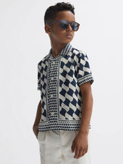Reiss Shirts | Devaroe Cuban Collar Short Sleeve Shirt Navy/ivory - Children