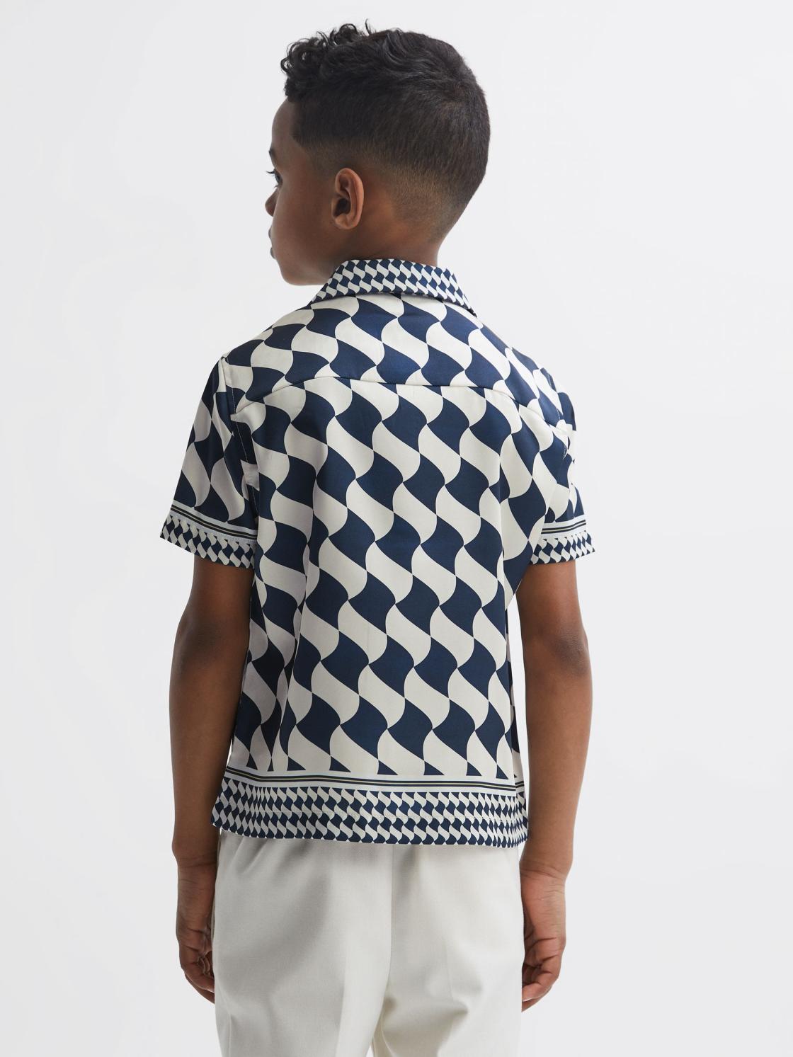 Reiss Shirts | Devaroe Cuban Collar Short Sleeve Shirt Navy/ivory - Children