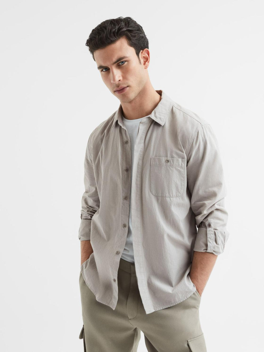 Reiss Shirts | Gregory Paige Long Sleeve Cotton Shirt Weathered Stone - Men