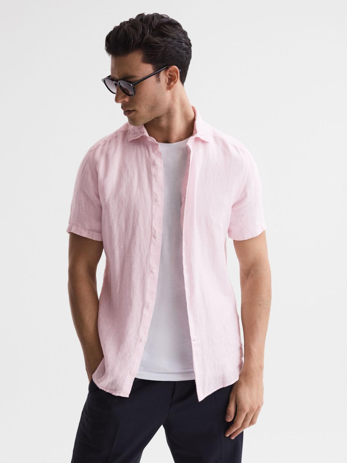 Reiss Shirts | Holiday Linen Slim Fit Shirt Soft Pink - Men