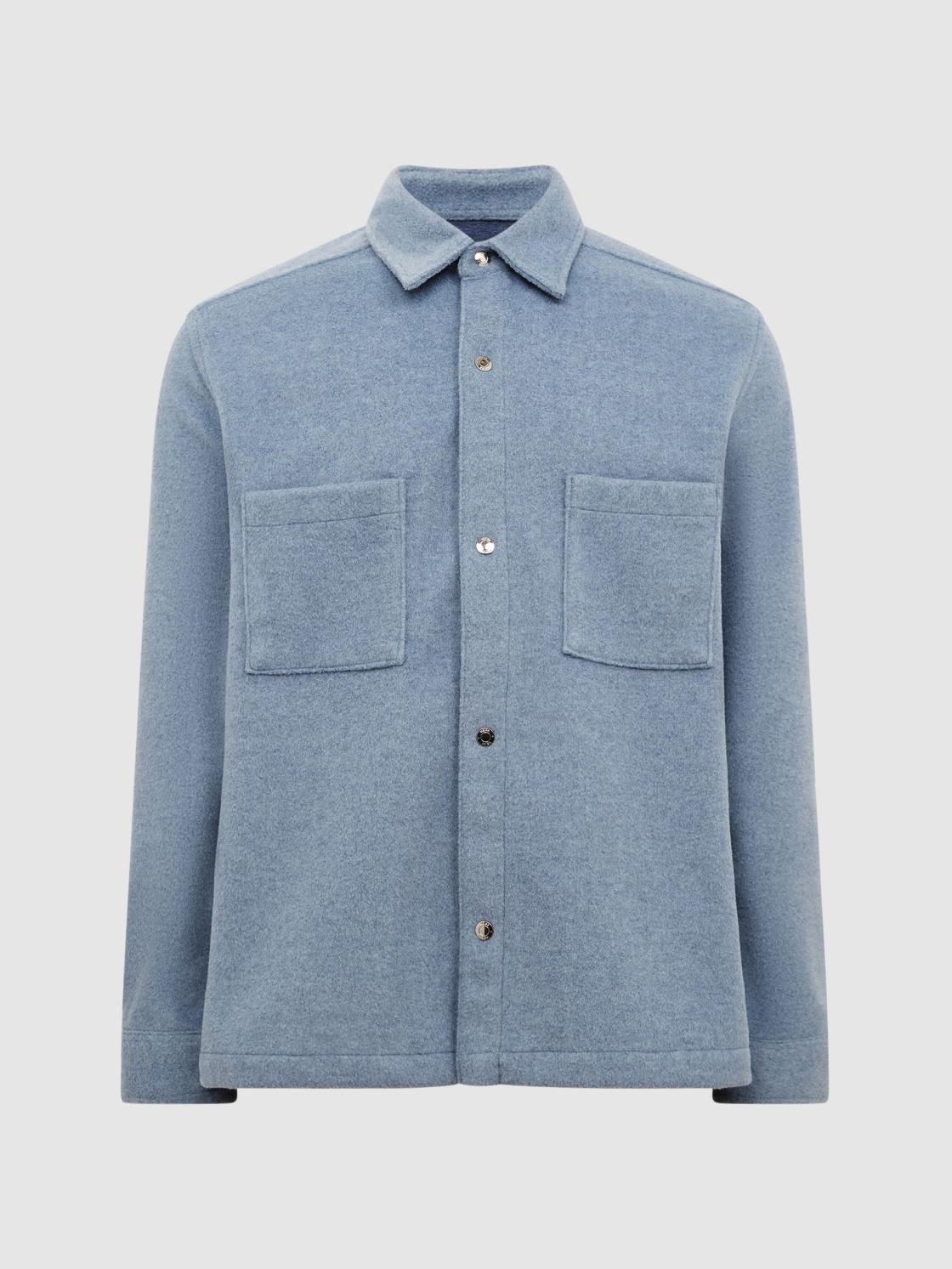 Reiss Shirts | Loke Long Sleeve Press Stud Brushed Overshirt Blue - Men
