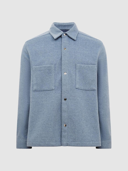 Reiss Shirts | Loke Long Sleeve Press Stud Brushed Overshirt Blue - Men