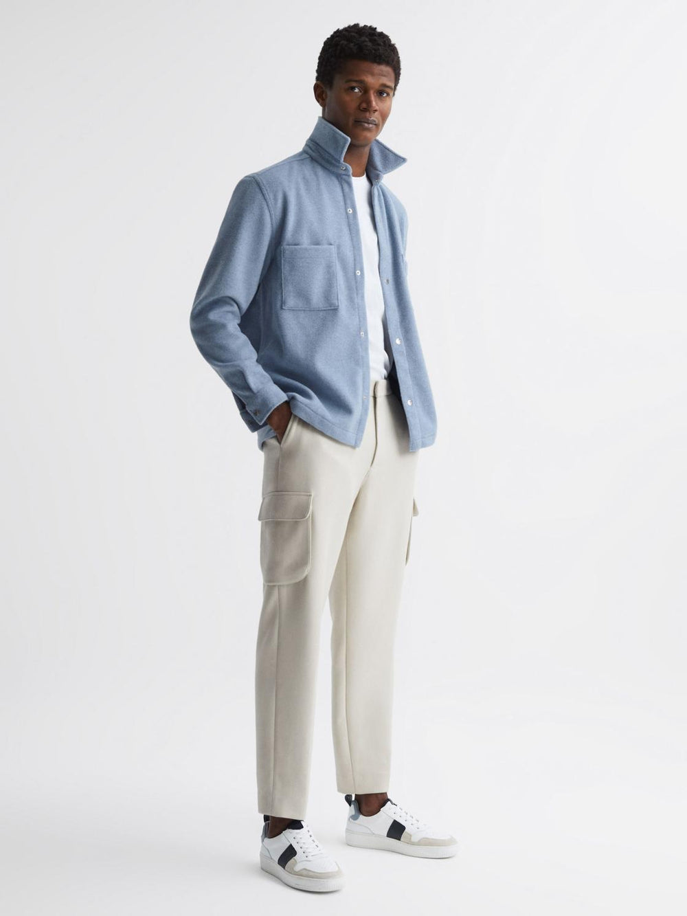 Reiss Shirts | Loke Long Sleeve Press Stud Brushed Overshirt Blue - Men