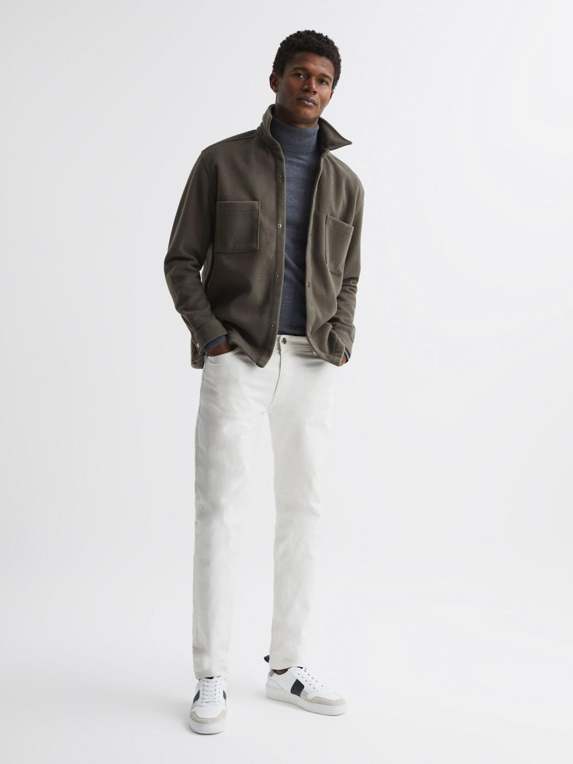 Reiss Shirts | Loke Long Sleeve Press Stud Brushed Overshirt Blue - Men