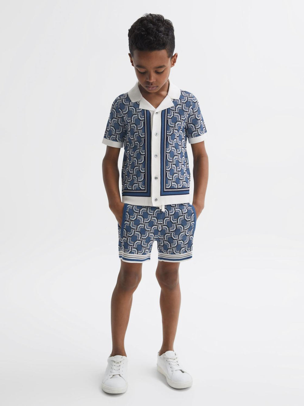 Reiss Shirts | Lotus Knitted Cuban Collar Shirt Blue Print - Children