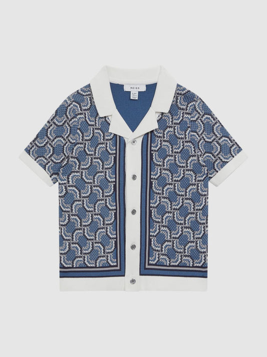 Reiss Shirts | Lotus Knitted Cuban Collar Shirt Blue Print - Children