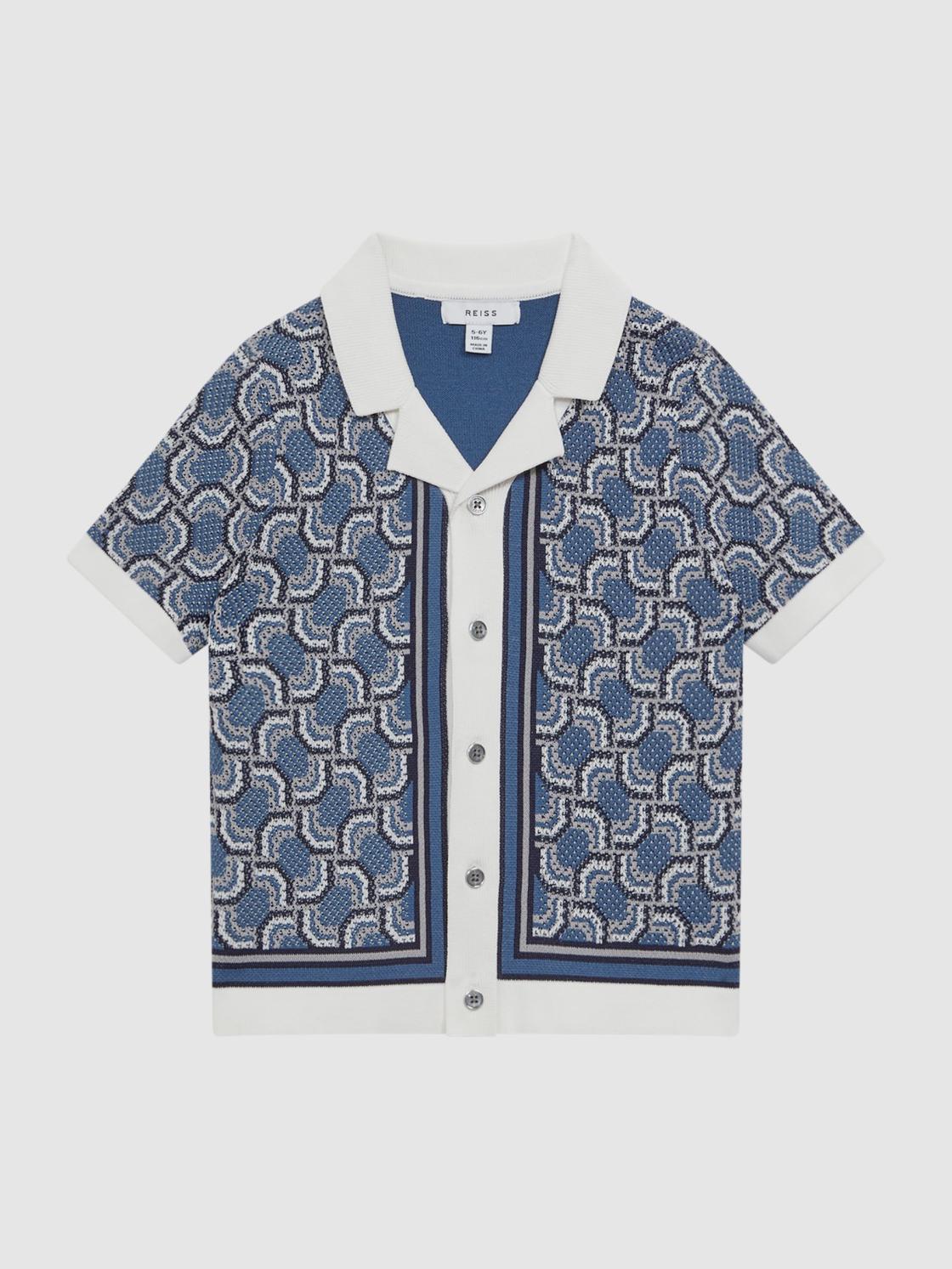 Reiss Shirts | Lotus Knitted Cuban Collar Shirt Blue Print - Children