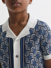 Reiss Shirts | Lotus Knitted Cuban Collar Shirt Blue Print - Children