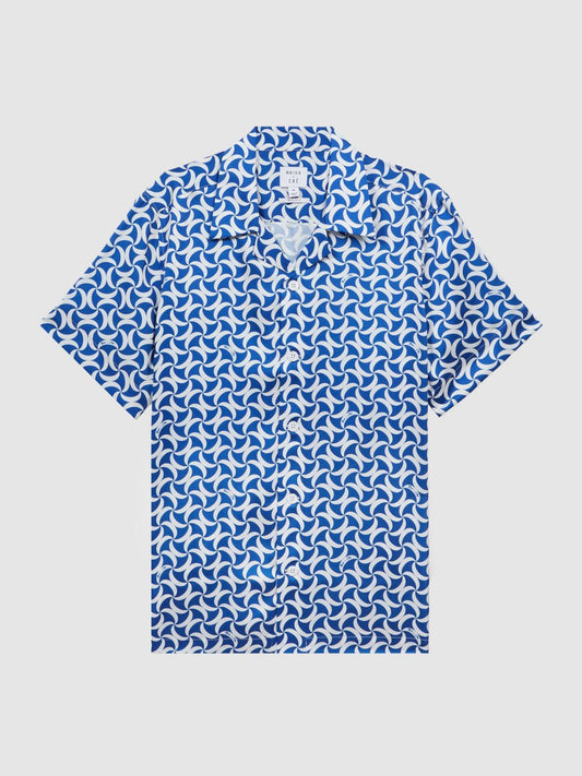 Reiss Shirts | Raith Reiss | Ché Printed Cuban Collar Button-Through Shirt Bright Blue/white - Men