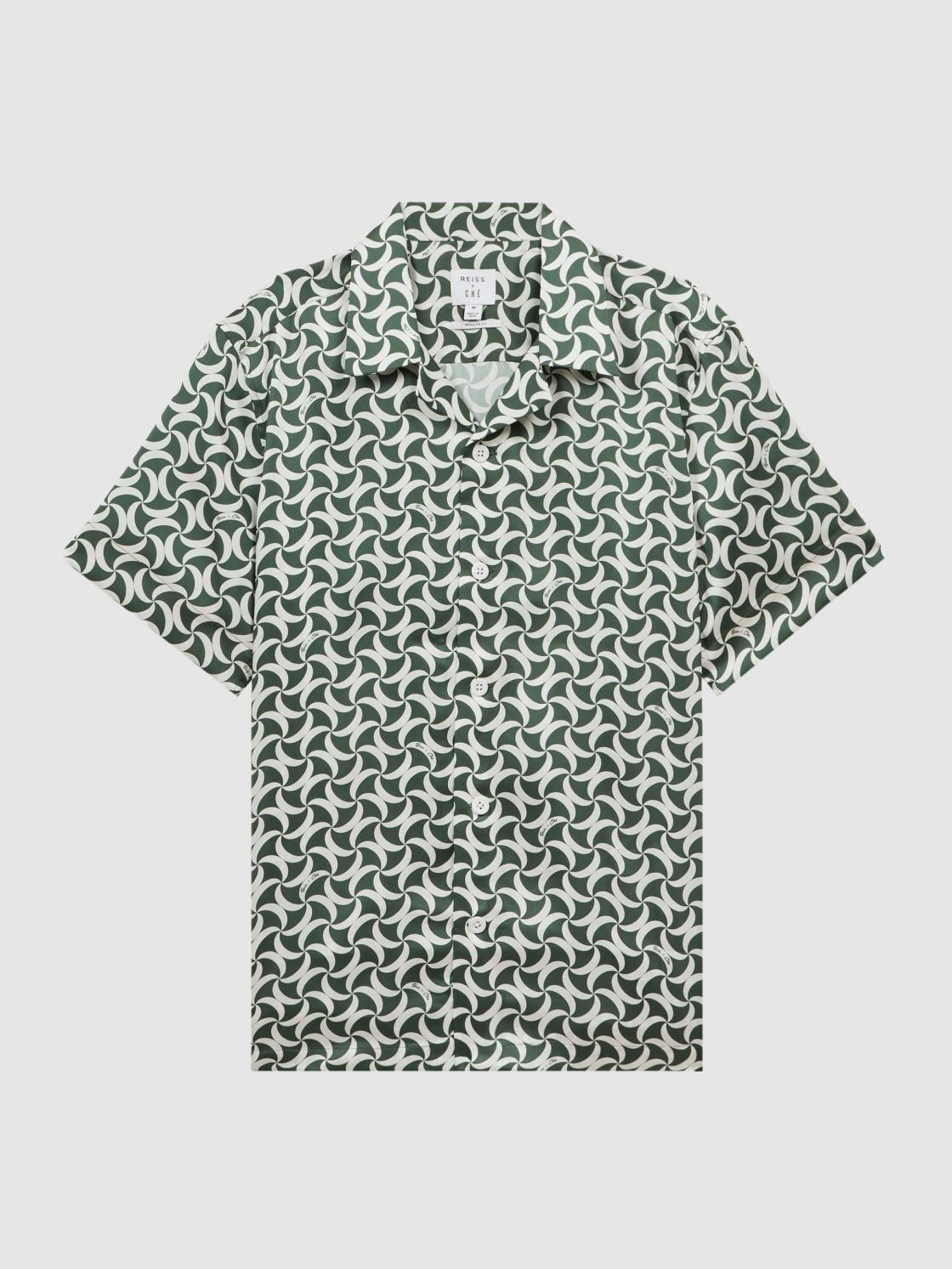 Reiss Shirts | Raith Reiss | Ché Printed Cuban Collar Button-Through Shirt Green/white - Men