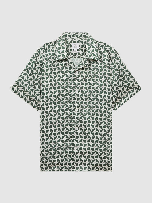 Reiss Shirts | Raith Reiss | Ché Printed Cuban Collar Button-Through Shirt Green/white - Men