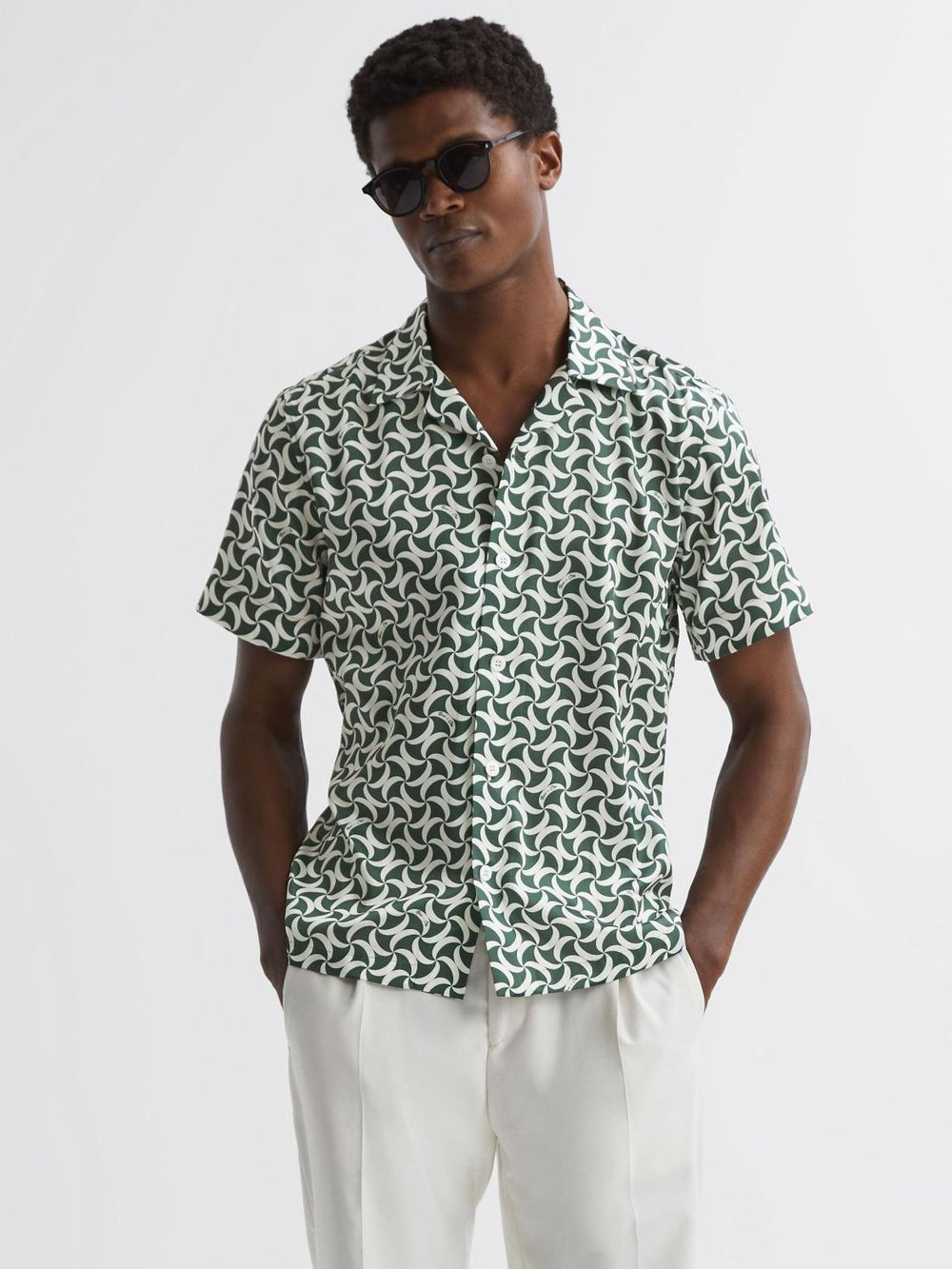 Reiss Shirts | Raith Reiss | Ché Printed Cuban Collar Button-Through Shirt Green/white - Men