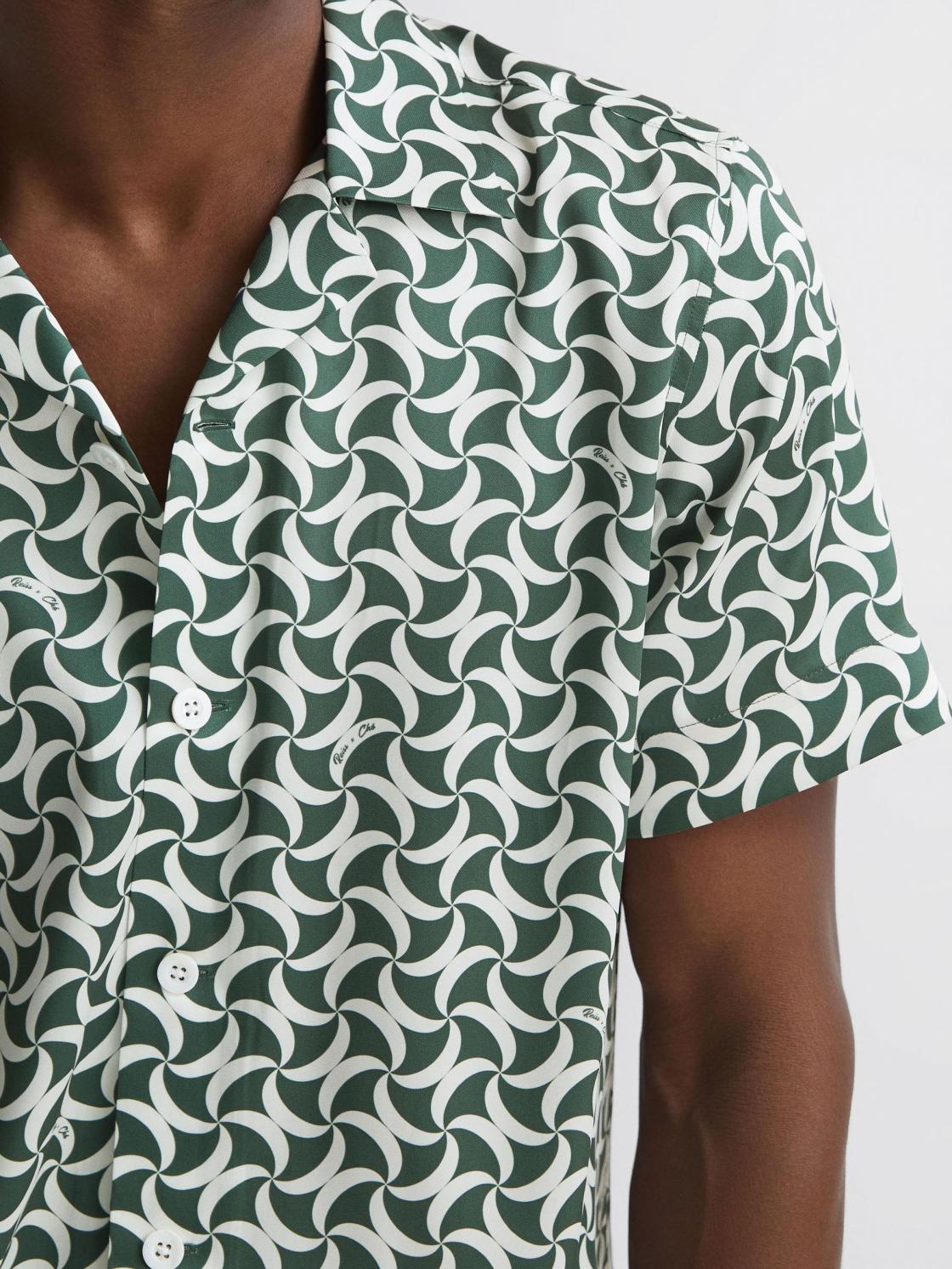 Reiss Shirts | Raith Reiss | Ché Printed Cuban Collar Button-Through Shirt Green/white - Men