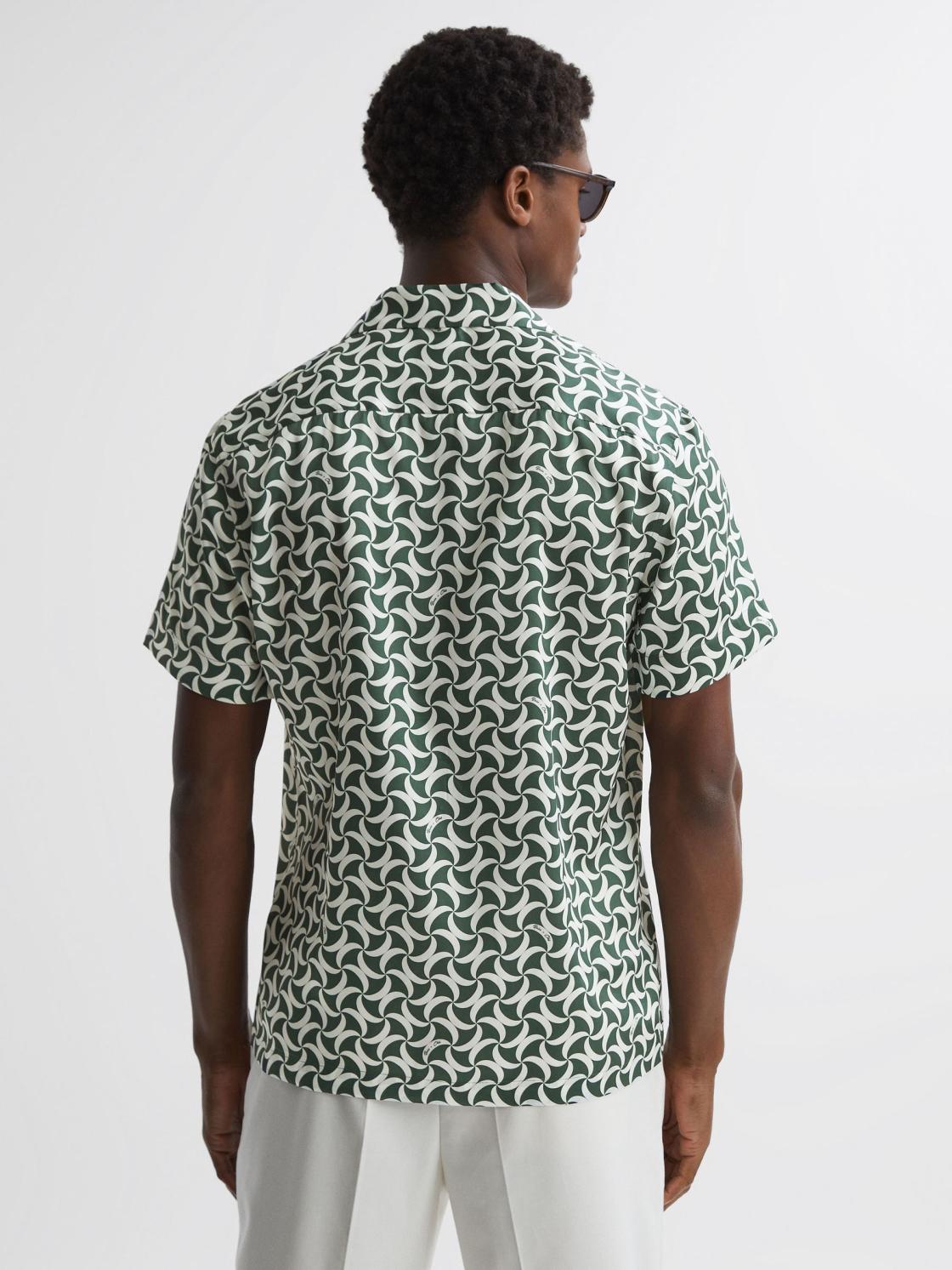 Reiss Shirts | Raith Reiss | Ché Printed Cuban Collar Button-Through Shirt Green/white - Men
