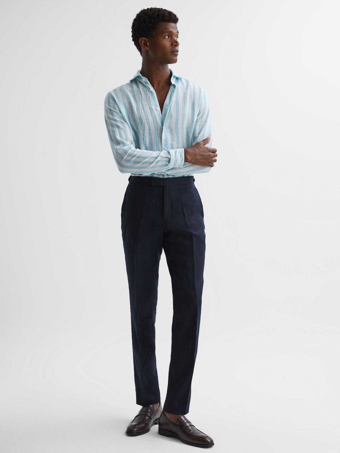 Reiss Shirts | Ruban Linen Regular Fit Shirt Aquamarine Stripe - Men