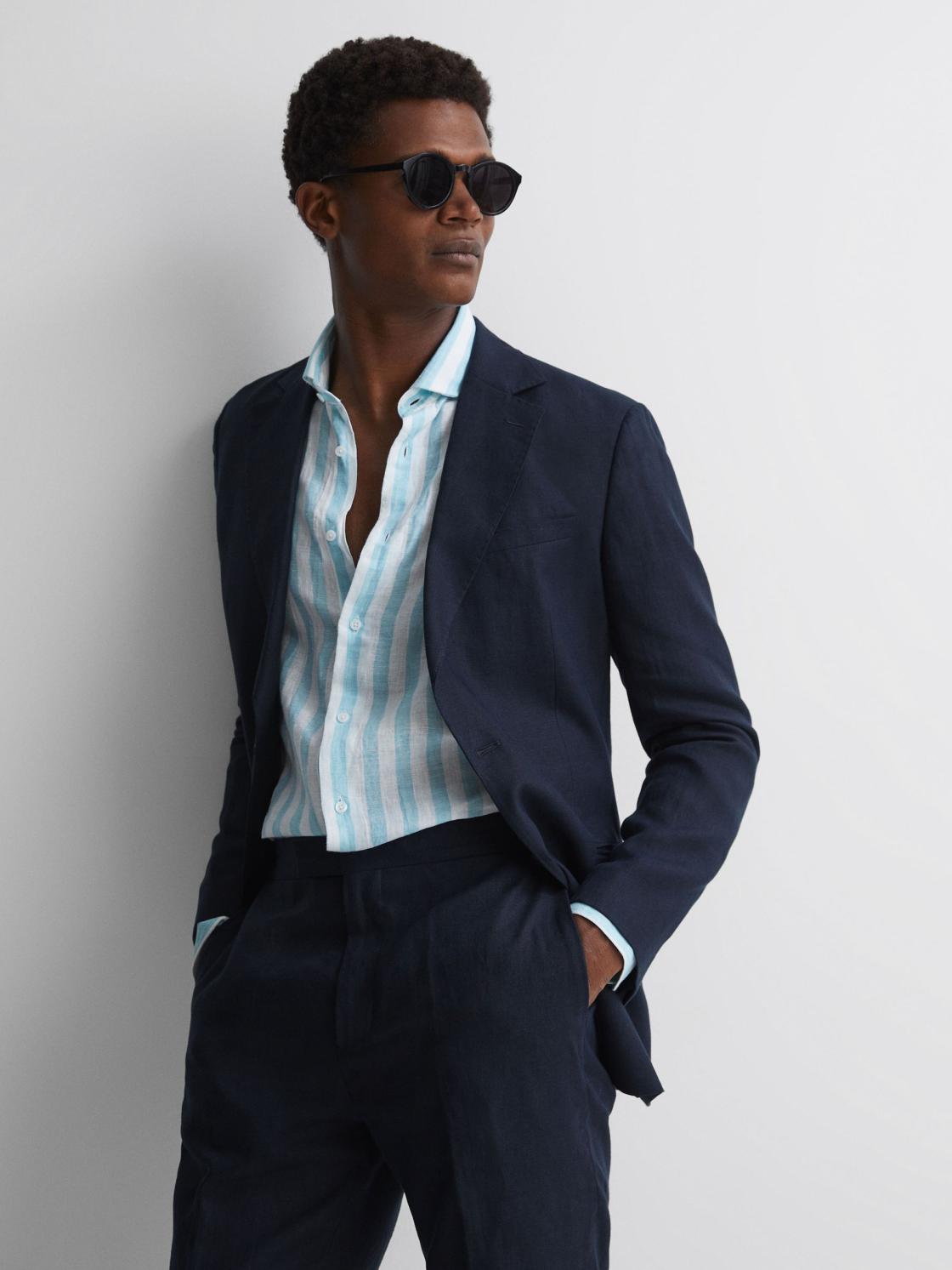 Reiss Shirts | Ruban Linen Regular Fit Shirt Aquamarine Stripe - Men
