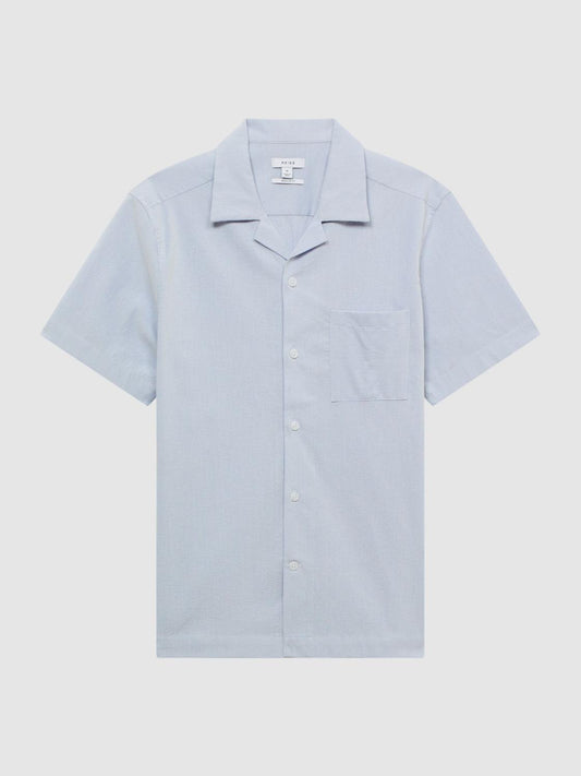 Reiss Shirts | Saka Cuban Collar Striped Short Sleeve Shirt Blue/white - Men