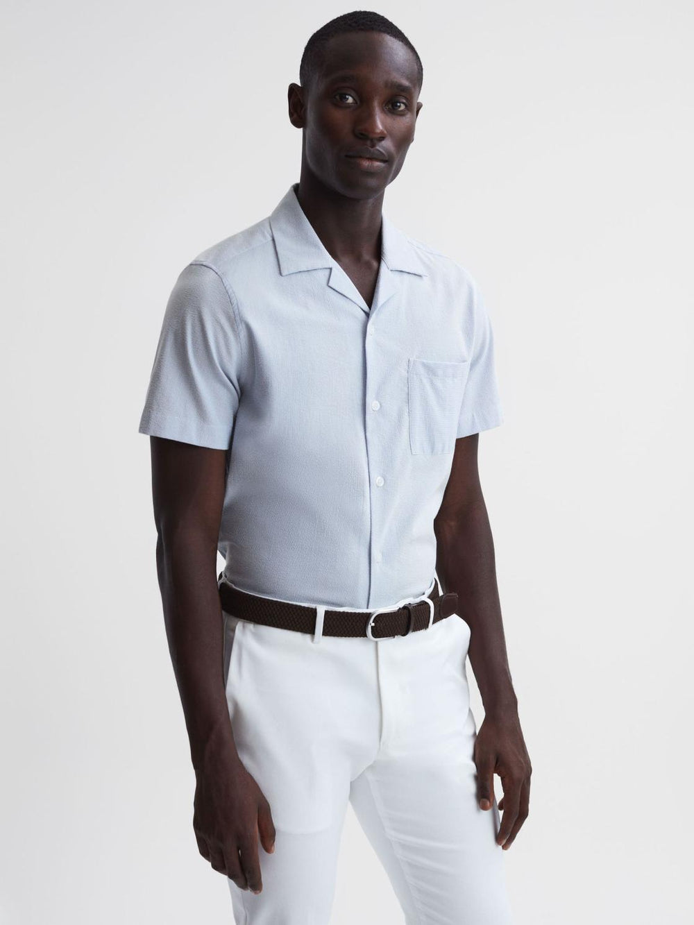 Reiss Shirts | Saka Cuban Collar Striped Short Sleeve Shirt Blue/white - Men